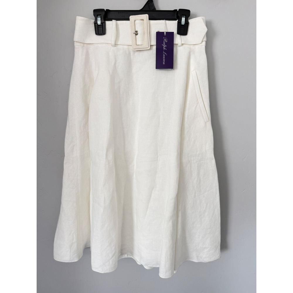 Ralph Lauren Purple Label Spring Runway White Linen Belted Midi Skirt Size 4 NEW - Picture 2 of 9